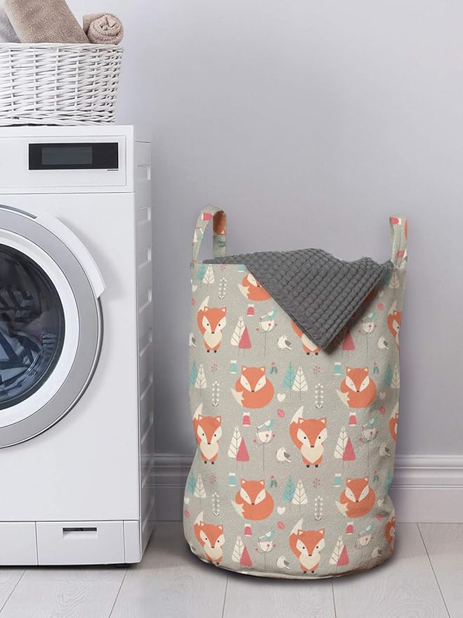 Ambesonne Fox Laundry Bag, Woodland Animal with Birds and Fir Trees Winter Season Flora and Fauna, Hamper Basket with Handles Drawstring Closure for Laundromats, 13" x 19", Orange Grey