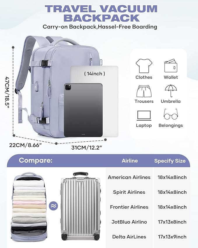 Vacuum Seal Travel Backpack Built-in Pump,Air Compression System Vacuum Vacpack Backpack Travel Bag for Women Men Carry On Suitcase Luggage Laptop Airlines Approved Daypack Space Saver Bags Purple