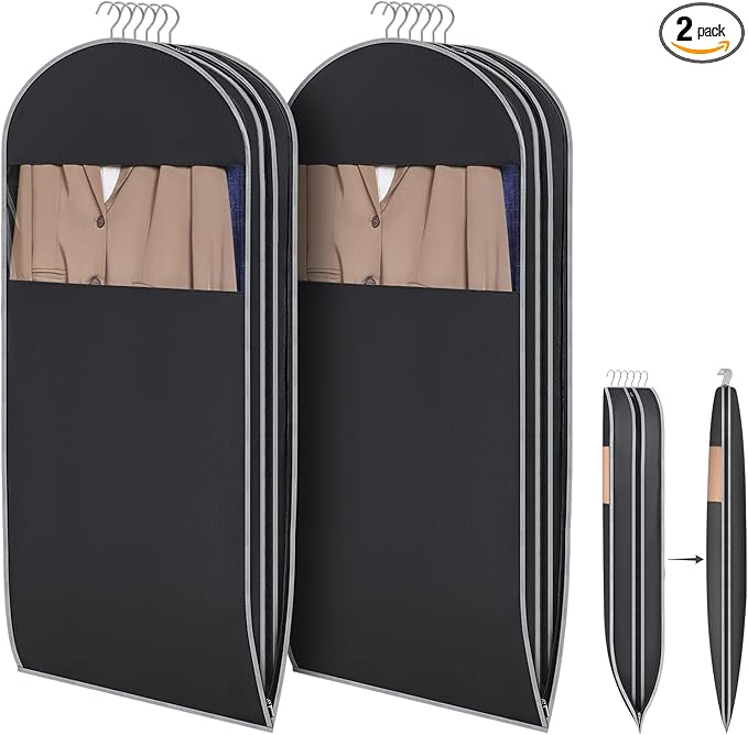 KEEGH Space Saving Hanging Garment Bag with Self Compression Zipper 50 Inch, Compression Garment Bags for Hanging Clothes with Clear Window, Suit Bags for Closet Storage (2 Pack)
