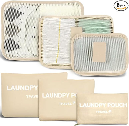 6 Set Packing Cubes for Travel Luggage Packing Bags Reusable Waterproof Suitcase Organizer Bags Set with Shoe Bag and Toiletry Bag (Beige‌)
