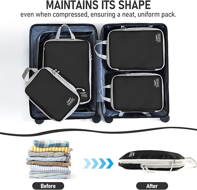 4 Set Compression Packing Cubes, Suitcase Organizer, Lightweight Travel Essentials, Compression Bags For Travel Accessories Luggage Storage Set (4 Pcs, Black)