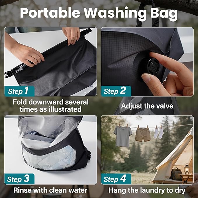 Travel Washing Bag, 2-in-1 Air Valve Design for Separate Washing and Less Water Use, Portable Travel Laundry Washing Bag for Camping, Cruise and RV Living - Travel Lighter, Carry Less