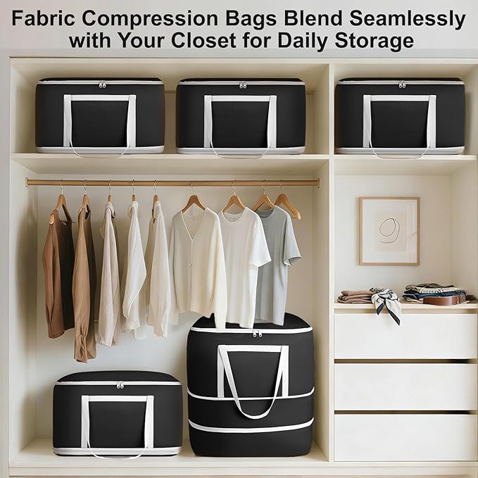 Comforter Storage Bag - 120L Bedding Storage Bags for Moving Closet, Washable Blanket Storage Bag, Ultra Space Saving Self Compression Organizer, 4-Pack, Black