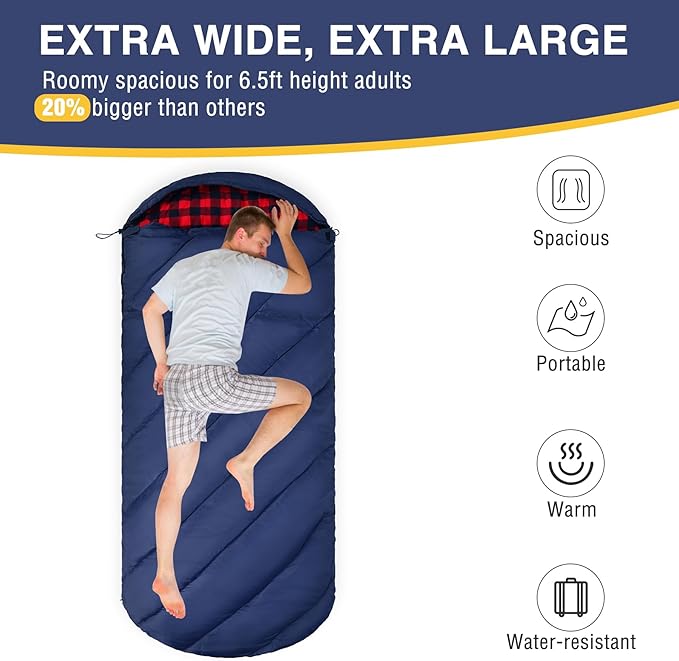 REDCAMP Flannel Sleeping Bag for Adults, Comfortable Cotton Envelope Sleeping Bags for Camping, Backpacking, Hiking, with Detachable Hood&Compression Sack, Blue/Red/Grey/Black