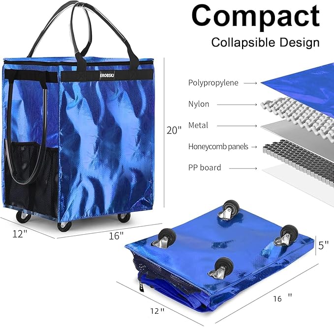 (Medium, Navy Blue) Reusable Grocery Bag on Wheels, 70L Foldable Rolling Tote, Carries Up to 66 lbs Shopping Trolley, Zipper Clouser Shopping Carts for Trips, Laundry, 4 Heavy Duty Wheels