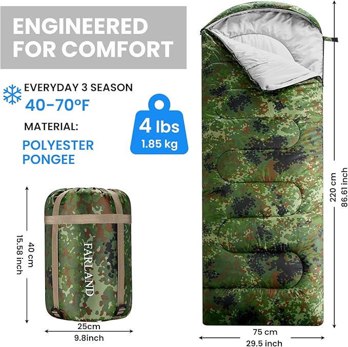 FARLAND Sleeping Bags for Adults, 3 Season Warm & Cool Weather, Lightweight Camping Sleeping Bag for Kids Family Camping Essentials with Compression Sack for Hiking