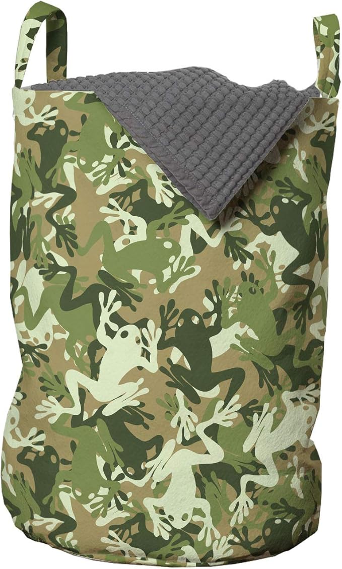 Ambesonne Animal Laundry Bag, Skull Camouflage Design Various Frog Pattern Different Tones Art Print, Hamper Basket with Handles Drawstring Closure for Laundromats, 13" x 19", Sage Pine Green