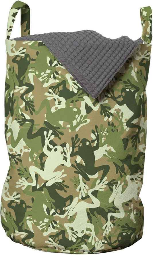 Ambesonne Animal Laundry Bag, Skull Camouflage Design Various Frog Pattern Different Tones Art Print, Hamper Basket with Handles Drawstring Closure for Laundromats, 13" x 19", Sage Pine Green