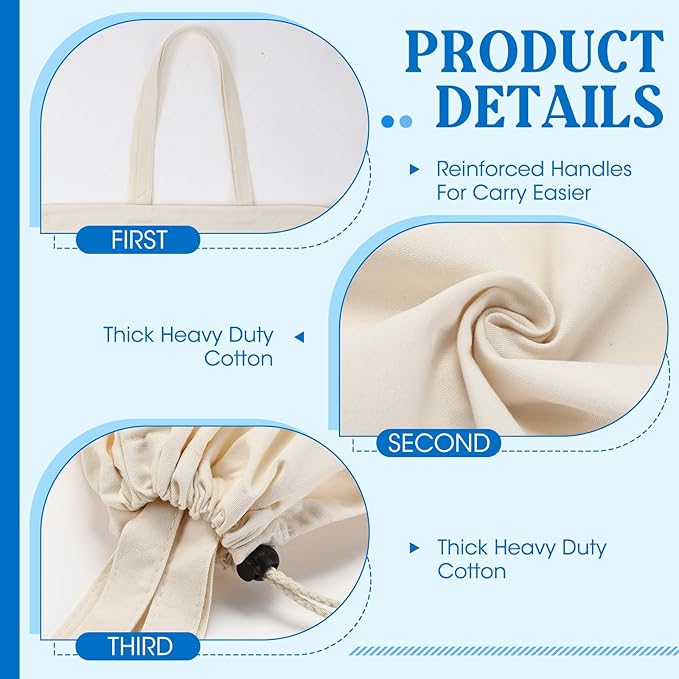 Zhehao 6 Packs Canvas Laundry Bags 20" x 28" Thick Heavy Duty Cotton Laundry Bag with Handles & Drawstring Fit a Basket or Hamper Perfect for College Dorm Apartment Dwellers and Travel (White)