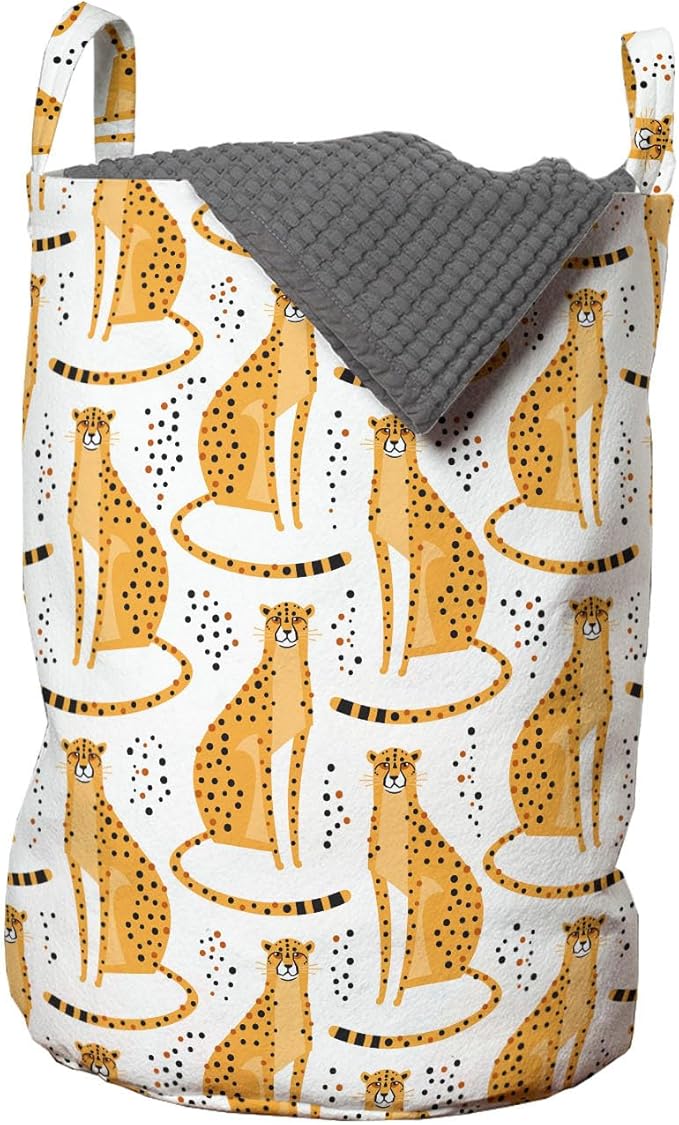 Ambesonne Leopard Laundry Bag Pack of 2, Cheetahs from the Cat Family Savannah Animal, Hamper Basket with Handles Drawstring Closure, 13" x 19", White Orange