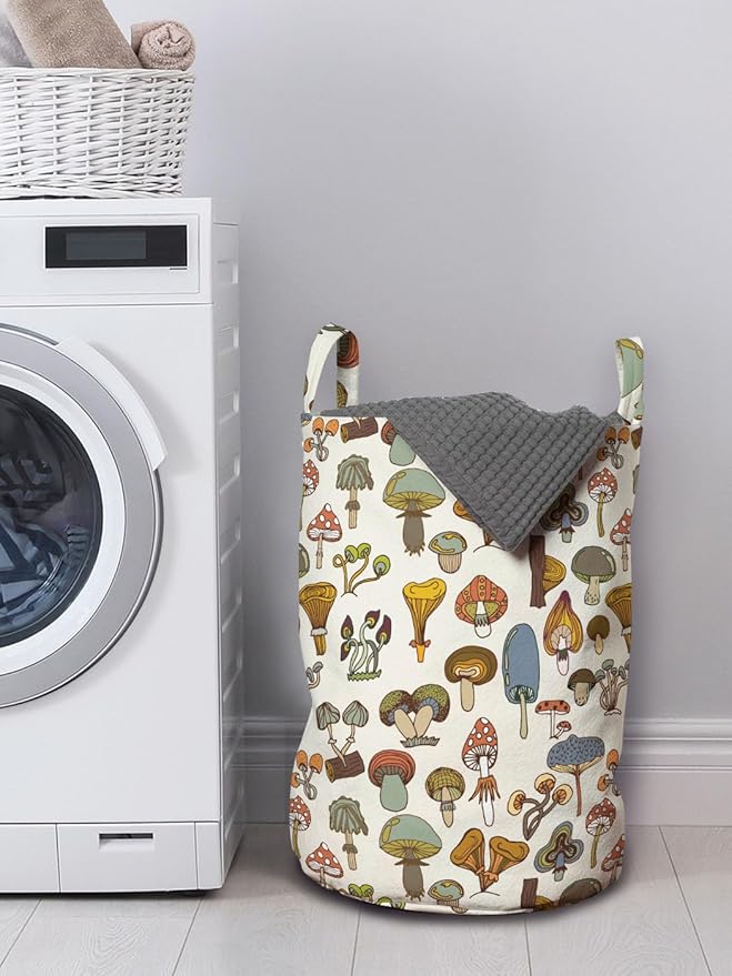 Ambesonne Colorful Laundry Bag Pack of 2, Pattern of Mushrooms Designs in Cartoon Style Abstract Illustration Print, Hamper Basket with Handles Drawstring Closure, 13" x 19", Brown Beige