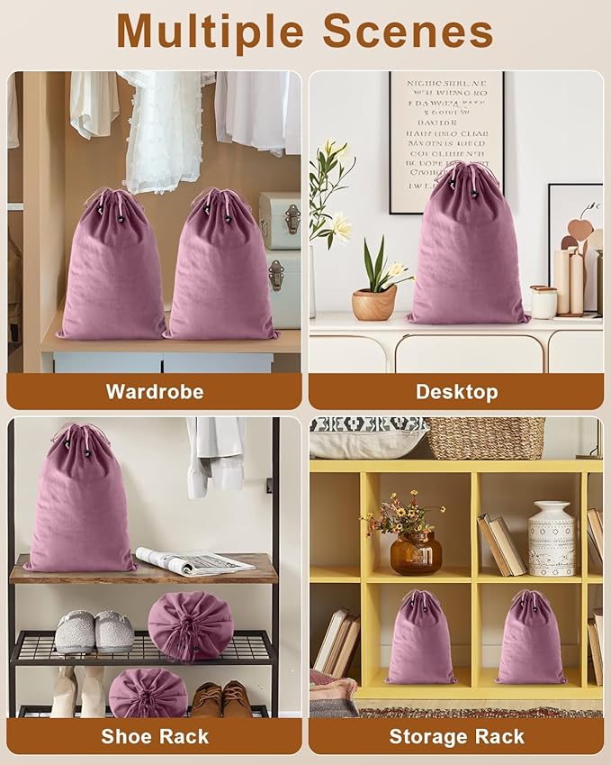 FantasyLife Shoe Bags for Travel, Washable Dust Bags for Storage & Packing, Flannel Shoe Pouch with Drawstring Closure for Purses, Handbags, Shoes & Toys (4, Parfait Pink, 17.3"x12.6")