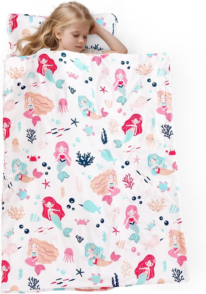 PHF Mermaid Toddler Nap Mat Set, with Removable Pillow for Toddler Girls, Soft and Lightweight for Daycare, Preschool, Travel, Kindergarten Sleeping Bag, Fits Ages 3-6 Years, Mermaid