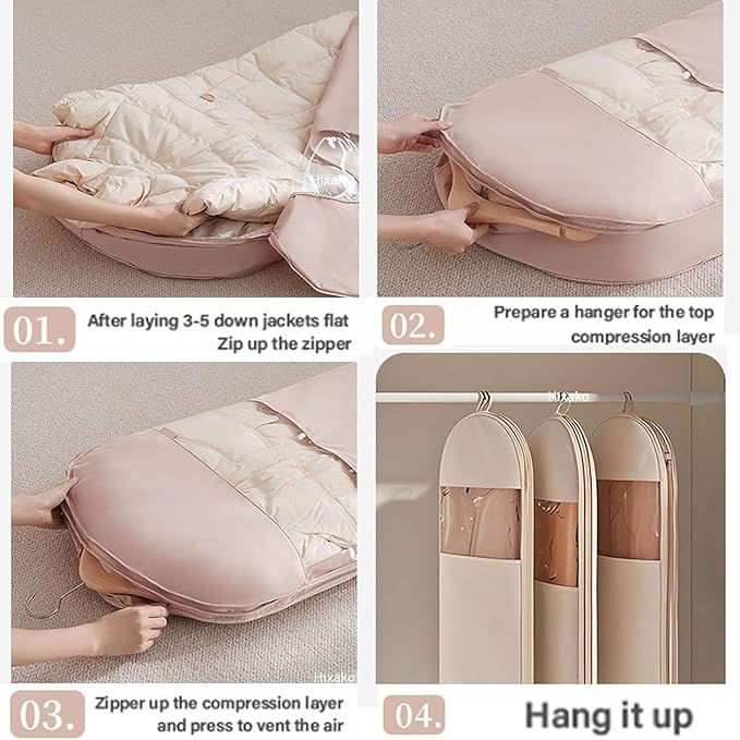 Space Saving Hanging Garment Bag with Self Compression Zipper with Large Clear Window Oat Beige Closet Organizer Otherwise Space-saving Compression Garment Bag(M)