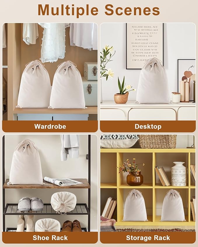 FantasyLife Shoe Bags for Travel, Washable Dust Bags for Storage & Packing, Flannel Shoe Pouch with Drawstring Closure for Purses, Handbags, Shoes & Toys (2, Beige, 17.3"x12.6")