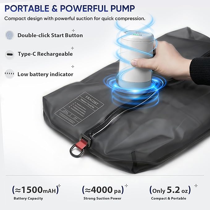 Travel Vacuum Bags with Pump, Compression Bags, Waterproof & Reusable Nylon Vacuum Travel Kit, Portable Space Saver Storage Bags with Wireless Vacuum Pump for Carry-On Backpack & Suitcase, 2-Pack