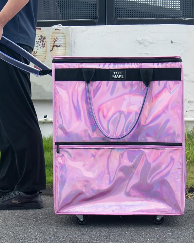 (Large, Phantom Pink) Reusable Grocery Bag on Wheels, Shopping Bags with Wheels and Handle, Folding Rolling Tote, Zipper Cover, Carries Up to 76 LBS, for Laundry, Picnic