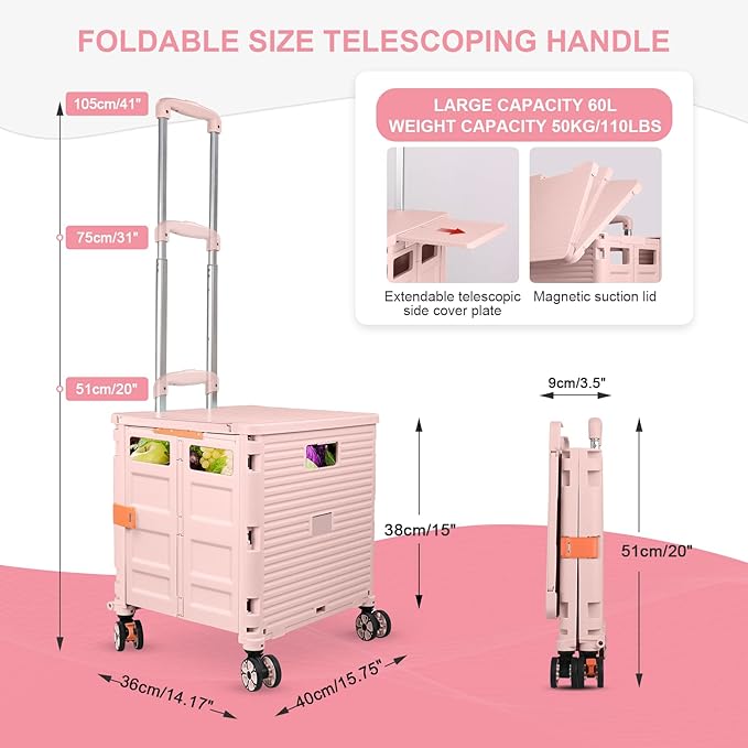 FELICON SELORSS Folding Utility Cart Portable Rolling Crate Handcart with Magnetic Sliding Lid Telescoping Handle Plastic Box Dolly 360°Swivel Wheels for Travel Shop Move Office Teacher Use(Pink Pro)