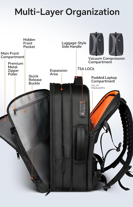 Vacuum Backpack Travel, 70L Expandable Carry On Backpack With Compression System, 2 Detachable TPU Vacuum Bags, TSA Lock, Water-Resistant, Fits 16" Laptop for Business & Travel