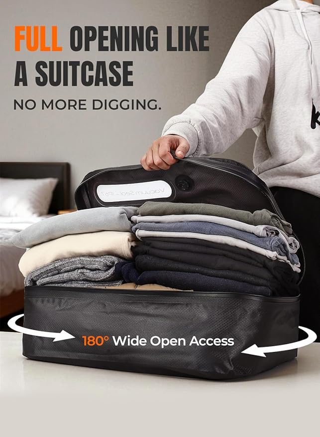 Vacuum Bags for Travel with Wireless Pump, 180° Open Zipper, IP67 Waterproof, Reusable Space Saver Compression Bags for Backpack, Suitcase, Home Storage(1 Pack + Pump)
