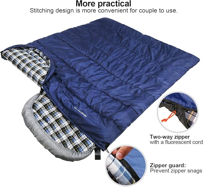 REDCAMP Flannel Sleeping Bag for Adults, Comfortable Cotton Envelope Sleeping Bags for Camping, Backpacking, Hiking, with Detachable Hood&Compression Sack, Blue/Red/Grey/Black