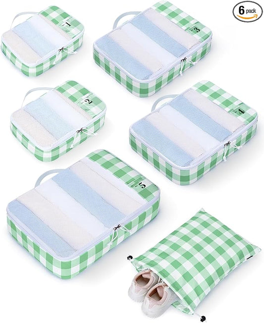 ECOHUB 6 Set Packing Cubes for Travel Durable Suitcase Organizer Bags Set with Personalized Tag Travel Essentials with Shoe Bag Traveling Accessories for Luggage Machine Washable,Light Green