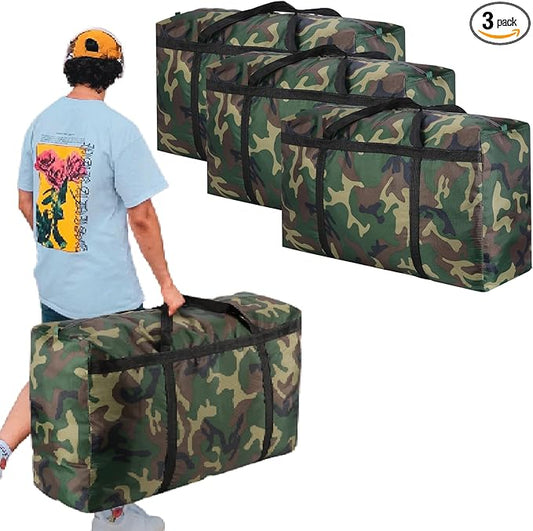 Camouflage Extra Large Moving Bags, Heavy Duty Storage Bags, 600D Oxford Cloth Wrap Around Handles Double Zipper, Waterproof Reusable Convenient (100L-3P)