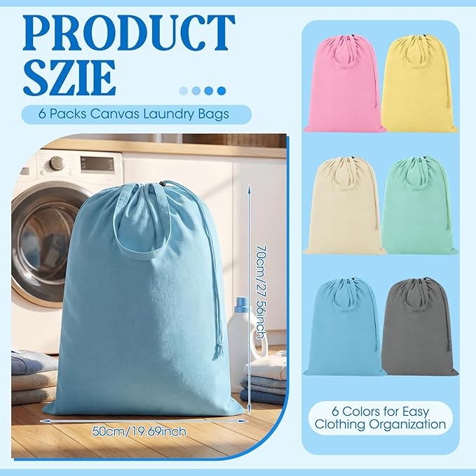 Zhehao 6 Packs Canvas Laundry Bags 20" x 28" Thick Heavy Duty Cotton Laundry Bag with Handles & Drawstring Fit a Basket or Hamper Perfect for College Dorm Apartment Dwellers and Travel(Warm Color)