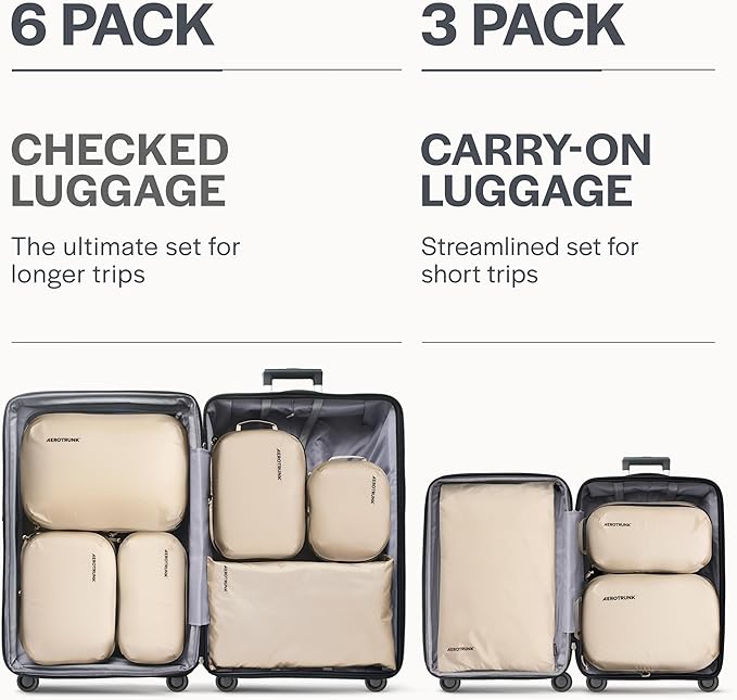Aerotrunk Ultralight Compression Packing Cubes - Lightweight Travel Organizers for Suitcases and Luggage (6-Pack, Beige)