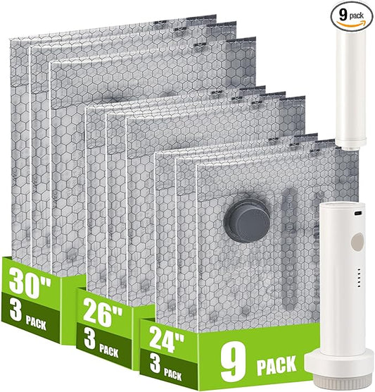 Travel Vacuum Storage Bags for Clothing with Rechargeable Air & Hand Pump, 9 Pack Portable Space Saver Bags, Compression Packing Seal for Luggage and Suitcase, Blankets, Seasonal (9 Combo Travel Size)