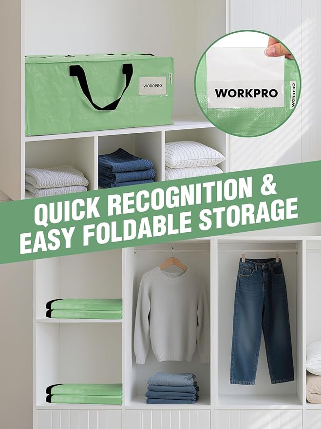 WORKPRO 8 Pack Extra Large Moving Bags with Zippers & Carrying Handles Backpack Straps, Heavy-Duty Storage Tote for Space Saving & Storage, Alternative to Moving Box (Green)