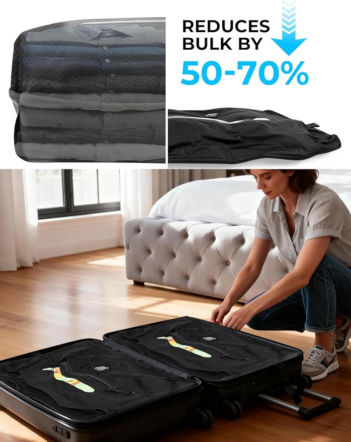 AIDONS Vacuum Seal Bags for Clothing Travel with Electric Pump - Reusable Vacuum Compression Bags for Storage Clothes & Blankets, Fits Carry-On, Backpack, Suitcase & Home(Black 2PC+Pump)