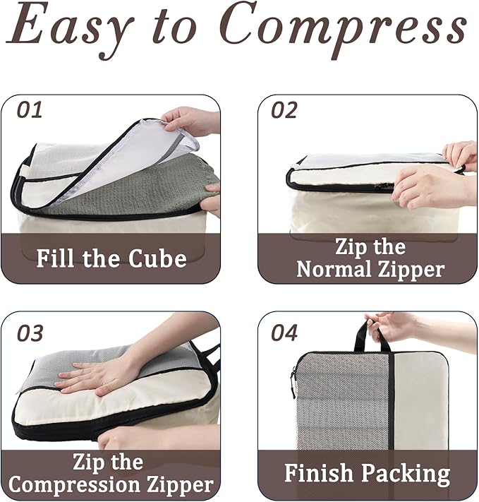 U+U 6 Set Compression Packing Cubes - Ultralight Cream Travel Organizers with Laundry Bag, Space-Saving Suitcase Organizer, Expandable Packing Cubes for Travel and Family Vacation (Cream)