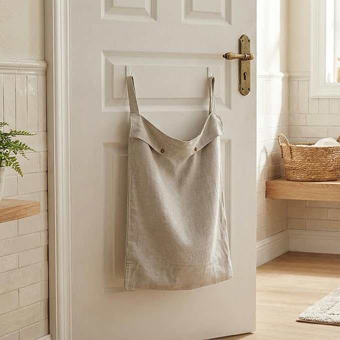 100% Linen Hanging Laundry Hamper Bag 22x36 Inch, Over the Door with 2 Buttons and Bottom Zipper Saving Space Wall Back organizers For Dirty Clothes Dorm Travel College Camp Sock big Capacity