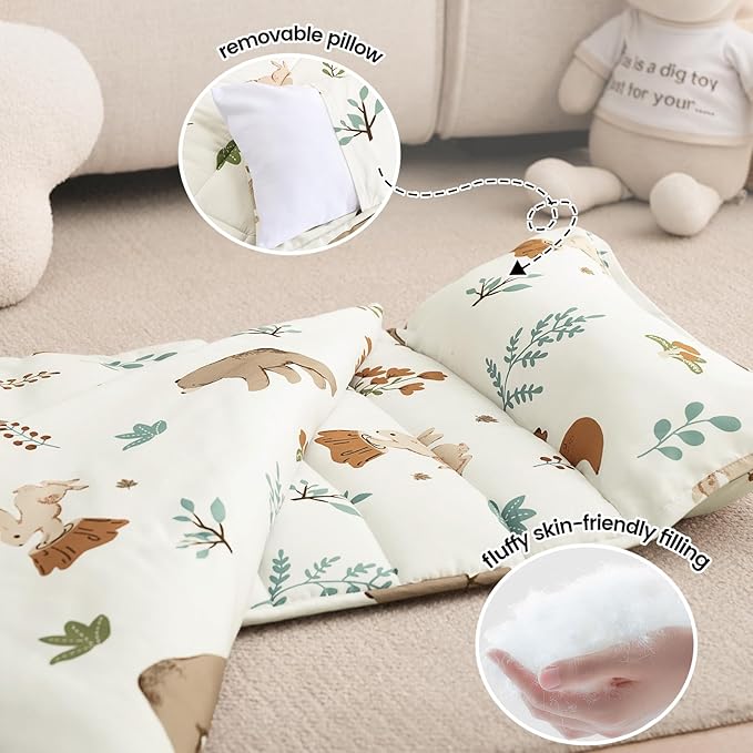 PHF Woodland Toddler Nap Mat Set, with Removable Pillow for Toddler Boys Girls, Soft and Lightweight for Daycare, Preschool, Travel, Kindergarten Sleeping Bag, Fits Ages 3-6 Years, Woodland