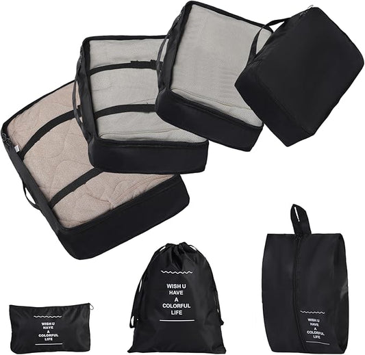 7 Set Packing Cubes for Travel,Suitcase Organizer Bags for Luggage with Shoe Bag, Vacation Travel Essentials & Accessories for Cruise Ship, Airplane Must-Have,Road Trip & Camp Gifts(Black)