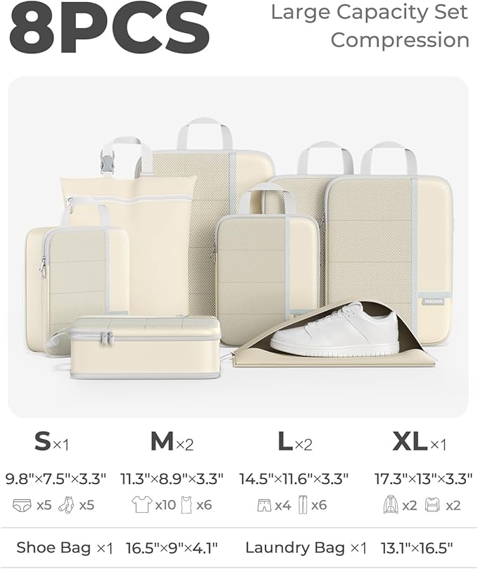 Percover Compression Packing Cubes for Travel, 8-Piece Structured Compression Organizer Set with Laundry Bag & Shoe Bag for Carry-On & Checked Luggage, Beige