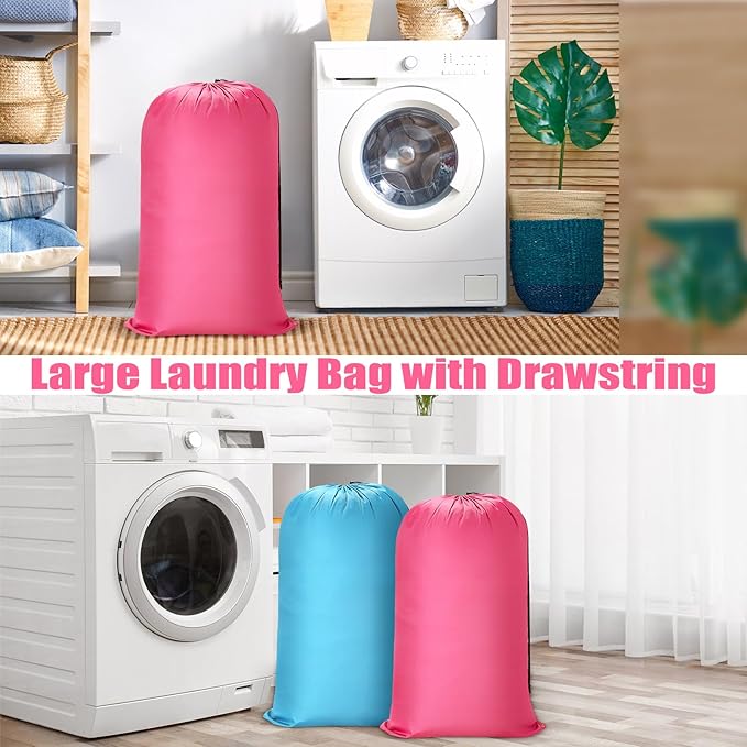 Nuogo 20 Pcs Laundry Bag Washable Travel Laundry Bags with Drawstring Lock Closure Large Heavy Duty for Camping Tent Blankets Dirty Clothes Yarn Fabric Storage, 38 x 24 Inches(Pink, Blue)