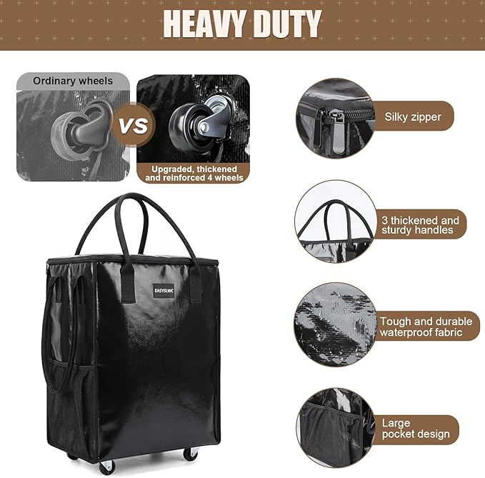 Reusable Hauler Rolling Tote Bag, Collapsible Portable Shopping Cart with Wheels for Groceries, Apartments Laundry, Organization , Heavy Duty Utility Tote, Basket with Wheels, Travel and Moving, 75lbs