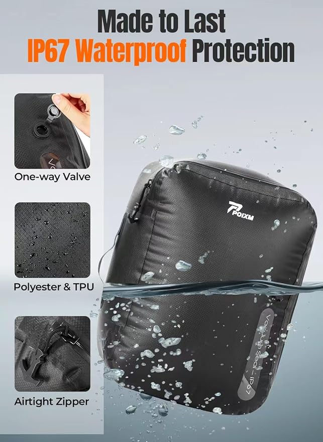 Vacuum Bags for Travel with Wireless Pump, 180° Open Zipper, IP67 Waterproof, Reusable Space Saver Compression Bags for Backpack, Suitcase, Home Storage(2 Pack + Pump)