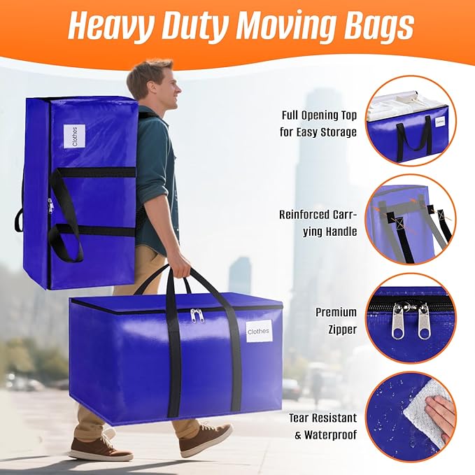 FabSpace 6-Pack Moving Bags with Backpack Straps & Carry Handles, 25 Gallons-93 L Heavy Duty Storage Totes for Space Saving, Foldable Storage Bags for College Dorm, Travel, Camping (Blue)