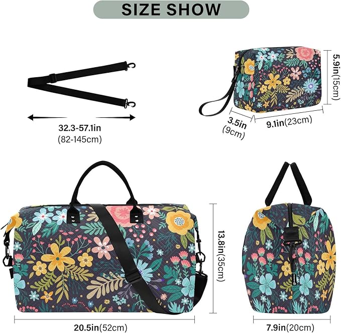 Flower Quilted Travel Bags Weekender Duffle Bags With Toiletry Bag Carry on Overnight Duffels Yoga Gym Bag for Airplanes Business Sports