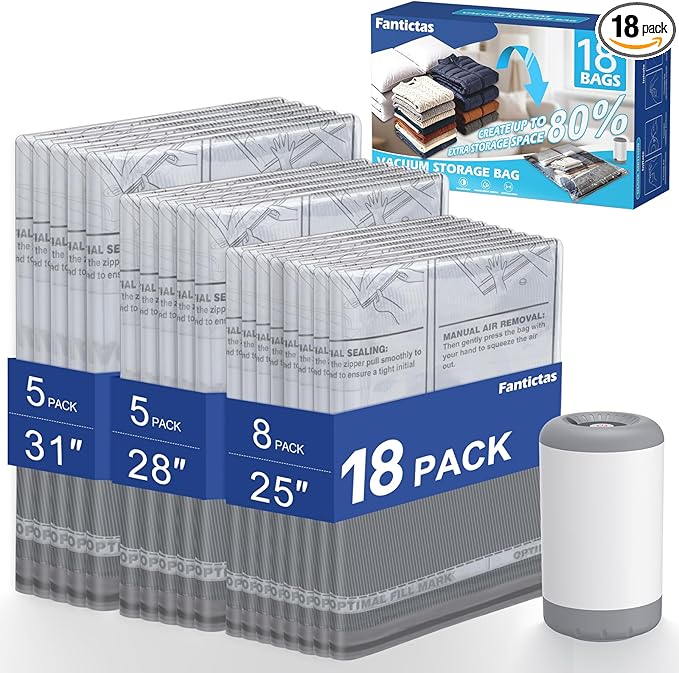 Fantictas Vacuum Storage Bags for Travel Luggage, 18 Pack Space Saver Bags with 4000Pa USB Rechargeable Electric Pump - 1500mAh High Suction - 3 Sizes Assorted Compression Bags for Clothes Storage
