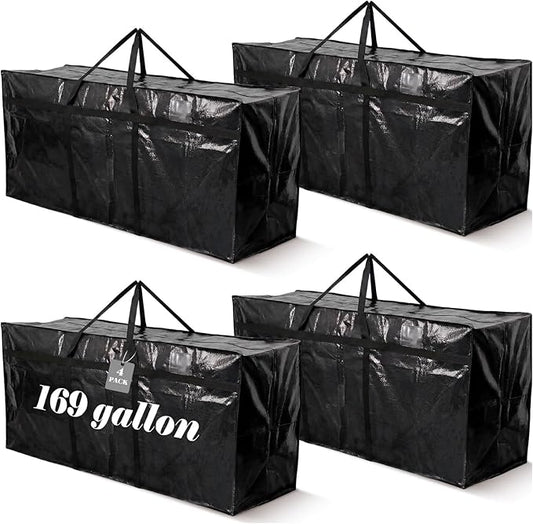 4 Pcs 169 Gallon Extra Large Moving Bags Heavy Duty Storage Bag with Strong Zipper Handle Foldable XXL Jumbo Storage Tote Packing Moving Box for College Dorm Travel Cloth Duffle (Black)