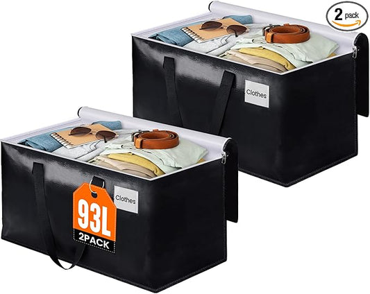BlissTotes Moving Bags, Heavy Duty Moving Boxes with Zippers Top and Sturdy Handles, Storage Bags for Space Saving and Packing, Collapsible Moving Supplies, Storage Totes (93L, 2-Pack, Black)