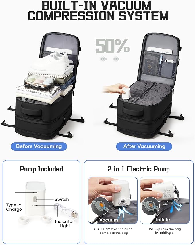 wepadre Vacuum Backpack Travel with Pump Travel Backpack with Vacuum System Expandable Vacpack Compression Backpacks for Travel Easy Vac Pack Carry on Luggage