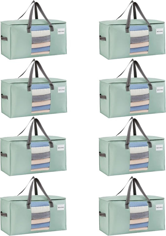 VENO 8 Pack Heavy Duty Moving Bags, Clothes and Comforter Storage Bags with Clear Window, College Dorm Essentials Packing Supplies, Foldable Boxes Alternative (Light Green Matte, 8 Pack)