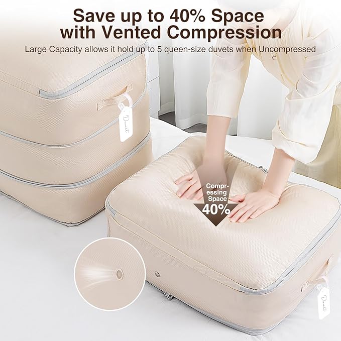 Homsorout 6 Pack Compression Storage Bags - 110L Large Capacity Comforter Storage Bag, 3-Layer Washable Ultra Space Saving Self Compression Organizer Space Bags for Blankets, Sweaters, Sheets, Beige