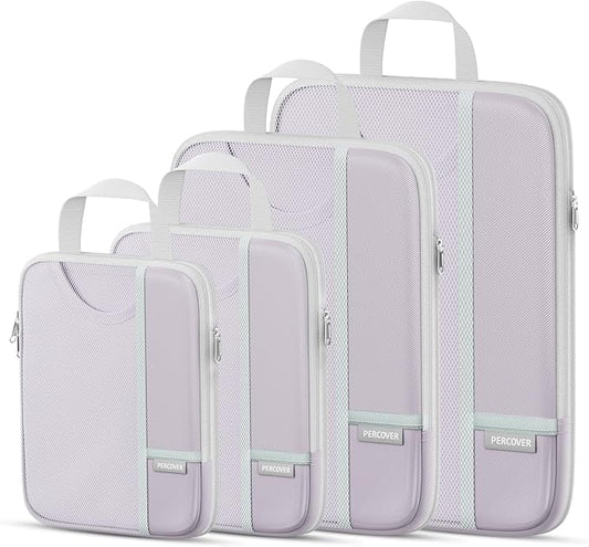 Percover Compression Packing Cubes for Travel, 4-Piece Structured Compression Organizer Set with Label Pockets for Carry-On & Checked Luggage, Purple