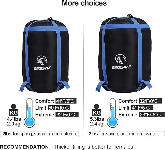 REDCAMP Flannel Sleeping Bag for Adults, Comfortable Cotton Envelope Sleeping Bags for Camping, Backpacking, Hiking, with Detachable Hood&Compression Sack, Blue/Red/Grey/Black